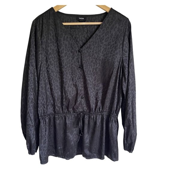 TACERA Size XL Black Leopard Print Satin V-Neck Long Sleeve Blouse Top Tie Waist - Picture 1 of 8